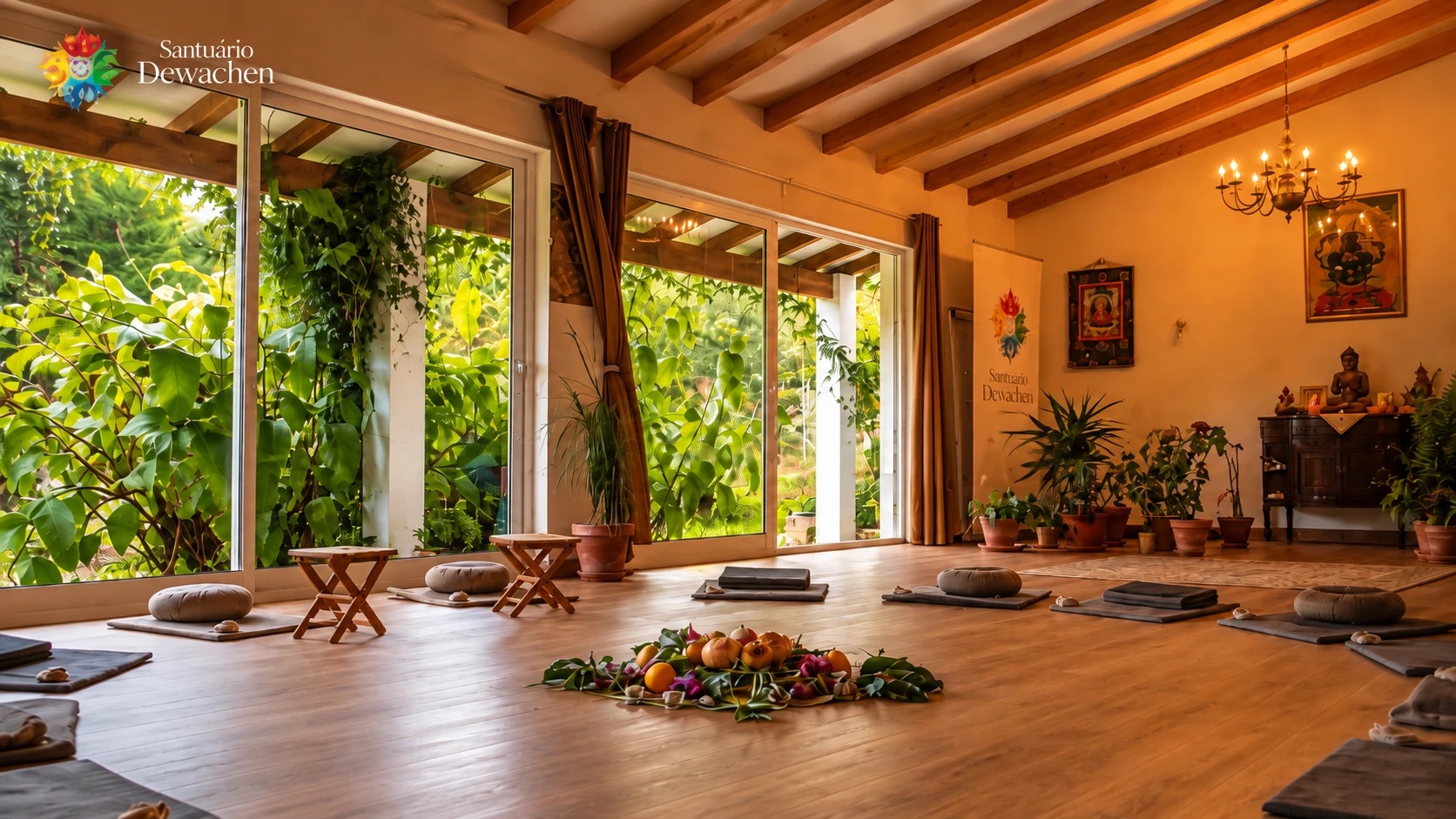 Interior do templo do Santuário Dewachen, com almofadas de meditação e janelas para o jardim